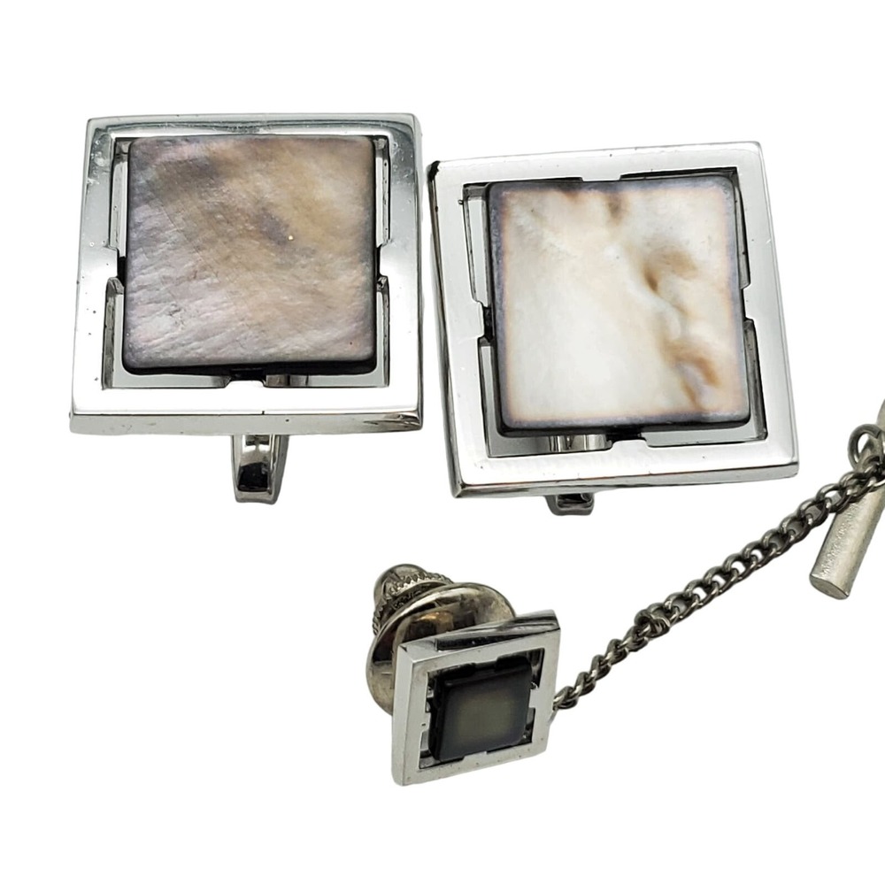 Sarah Coventry Square Abalone Cufflinks Tie Tack Silver Tone Lapel Pin Shell Mod